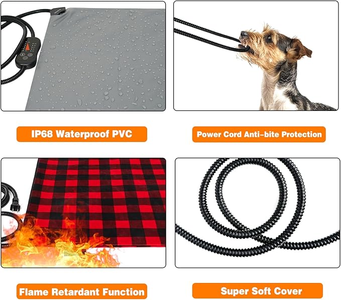 Pet Heating Pad, Adjustable Temperature Heated Cat Bed with Timer, Outdoor Waterproof Heated Dog Bed with Anti-Chew Cord, Overheat Protection Warming Mat for Cats and Puppies (S:17.7"x17.7")