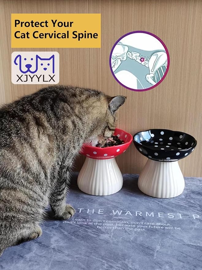 Ceramic Raised Mushroom Cat Bowl Set, Cute Elevated Whisker Friendly Dish for Food and Water, Red+Black 6" Wide for Adult Cats, Small Dog