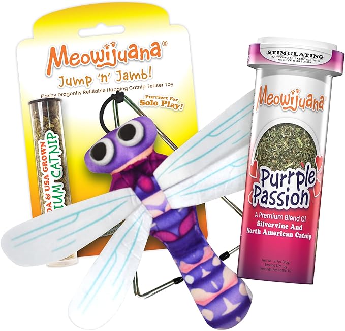 Meowijuana Dragonfly Jump 'n' Jamb Door Hanging Cat Toy and Purrple Passion Catnip Blend | Refillable Interactive Catnip Toy | Catnip Grown in North America