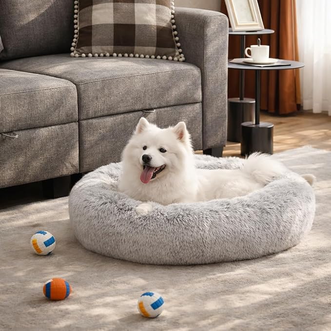 Dog & Cat Bed for Indoor Cats, 37in Calming Donut Pillow mat for Puppy and Kitten, Washable Cooling Round Fluffy Pet Nest for Small Medium Dogs and Cats, Light Grey