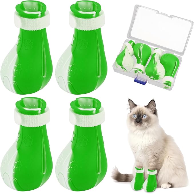 Gosknor 4pcs Cat Feet Covers, Adjustable Anti-Scratch Anti-Bite Silicone Kitten Paw Claw Caps Boots for Nail Trimming Bathing Checking Multifunctional Pet Grooming Protector Products (Green White)