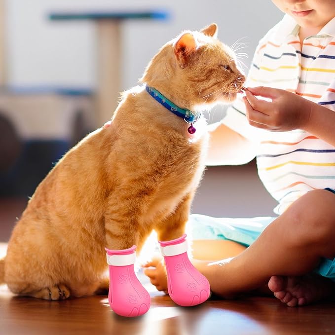 Gosknor 4pcs Cat Feet Covers, Adjustable Anti-Scratch Anti-Bite Silicone Kitten Paw Claw Caps Boots for Nail Trimming Bathing Checking Multifunctional Pet Grooming Protector Products (Pink)