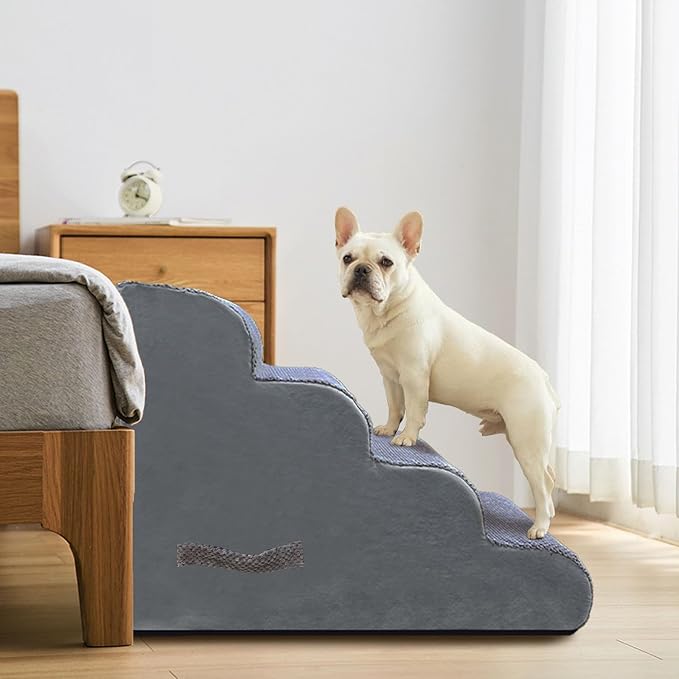 PAWSCART Dog Stairs for Dogs and Cats, 4-Step Dog Steps for Bed, 19.6" H Pet Stairs for High Bed, Pet Ramp for Couch, Sofa, Non-Slip Surface Removable Washable Cover, Grey