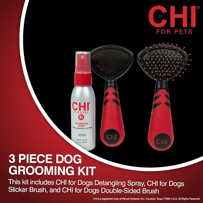 CHI for Dogs Small Dog Detangling Kit, 3-Piece Grooming Set with Detangling Spray, Slicker Brush, and Double-Sided Pin-and-Bristle Brush for Small Breeds with Tangles and Mats, Includes Zipper Pouch