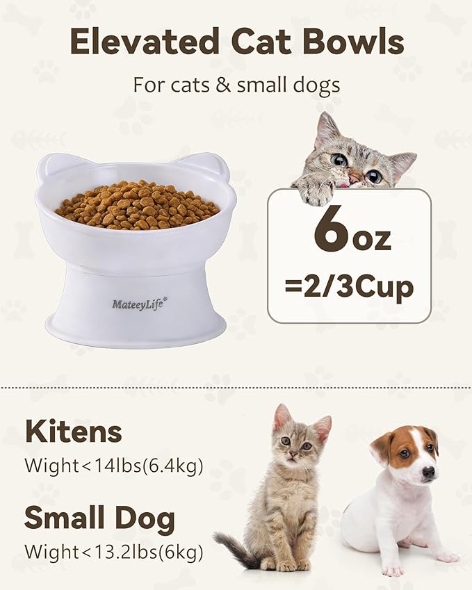 MateeyLife Elevated Cat Bowls, 2P Raised Food and Water Bowl Set for Indoor Cats & Small Dogs, Whisker Fatigue Cat Bowl, Anti Vomit Feeding Pet Bowls, 6 oz Each, Dishwasher Safe - White & Grey
