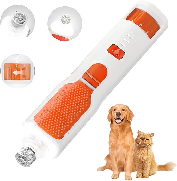 7-Speed Dog & Cat Nail Grinder with Light - Ring LED Safe to Avoid Overcut, Quiet Low Vibration & Powerful Fast, Cordless Rechargeable Toenail Trimmer for Small & Large Puppy & Breeds Paws(White)