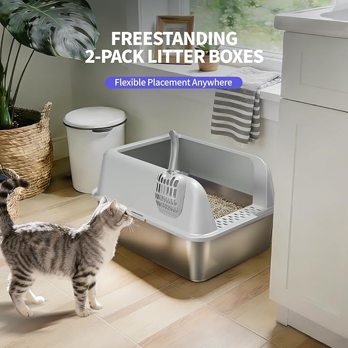 2 Pack Stainless Steel Cat Litter Box Medium, Metal Kitty Litter Box with High Sides, Easy to Clean, No Stains, Odor-Free for Kittens/Multi-Cats