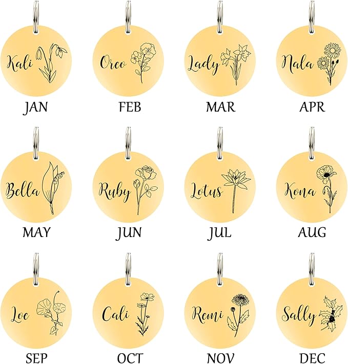 Ultra Joys Personalized Dog Tags for Pets - Durable Stainless Steel Customizable Dog Cat ID Tags - Dog Tags for Safety Optional Engraved on Both Sides -Birth Flower Round Dog Tag Large, Gold