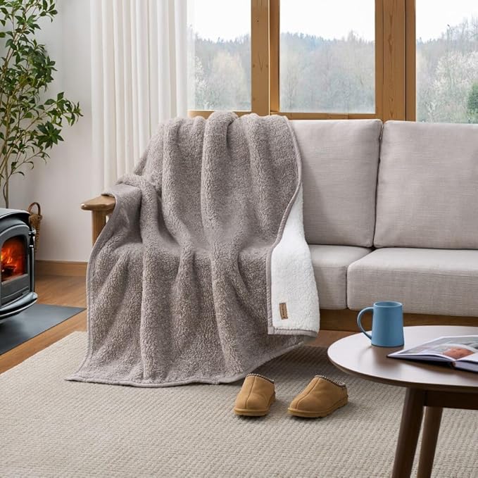 BEARPAW Sherpa Throw Blanket - Ultra Soft Plush Warm Reversible Fluffy Blanket for Bed Couch Sofa & Living Room Decor, House Decor, Room Decor Gifts for Women - 50"x70", Gray (Valley) (Brown)