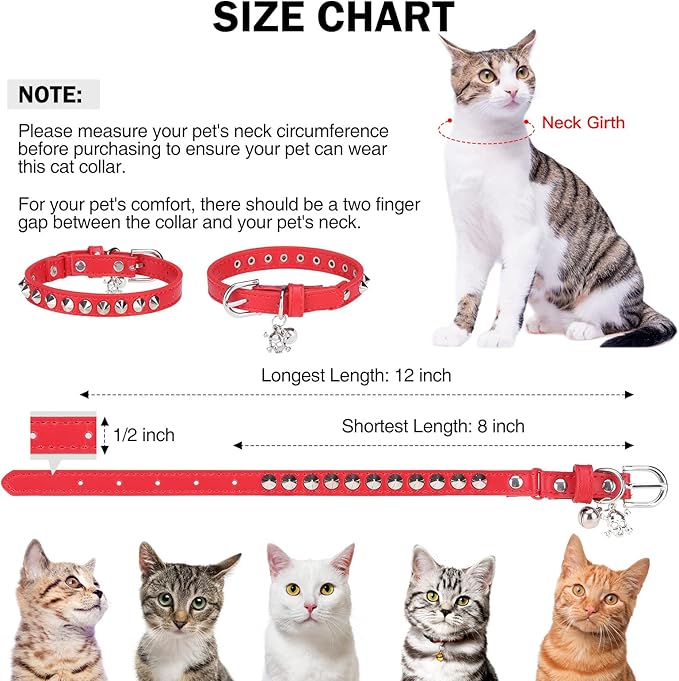 Leather Cat Collars for Boy Girl Cats with Bell and Safety Elastic Belt, Personalized Rivets Stud Adjustable Safe Buckle Collar with Skull Charm for Kitty Small Pets