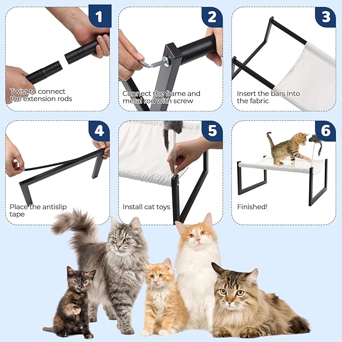 Elevated Cat Bed with 360° View - Rust-Proof Metal Frame, Removable Machine Washable Mattress (Thin), Includes Cat Toy - Easy Assembly