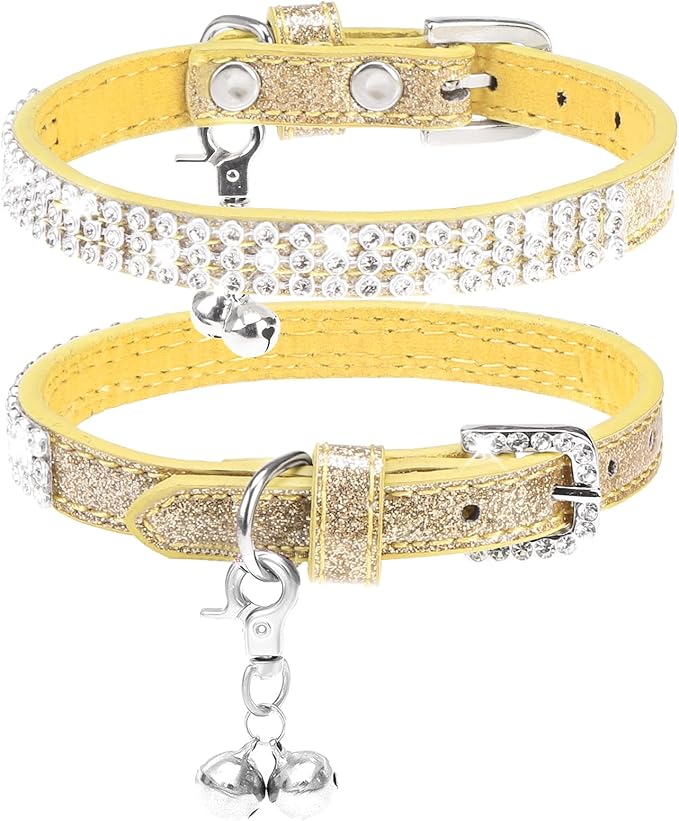 PUPTECK Basic Adjustable Cat Collar with Bling Diamond and Double Bells, for Kitten and Small Puppy, Fashion and Shining Dog Rhinestone Collars, 8-10in, Gold