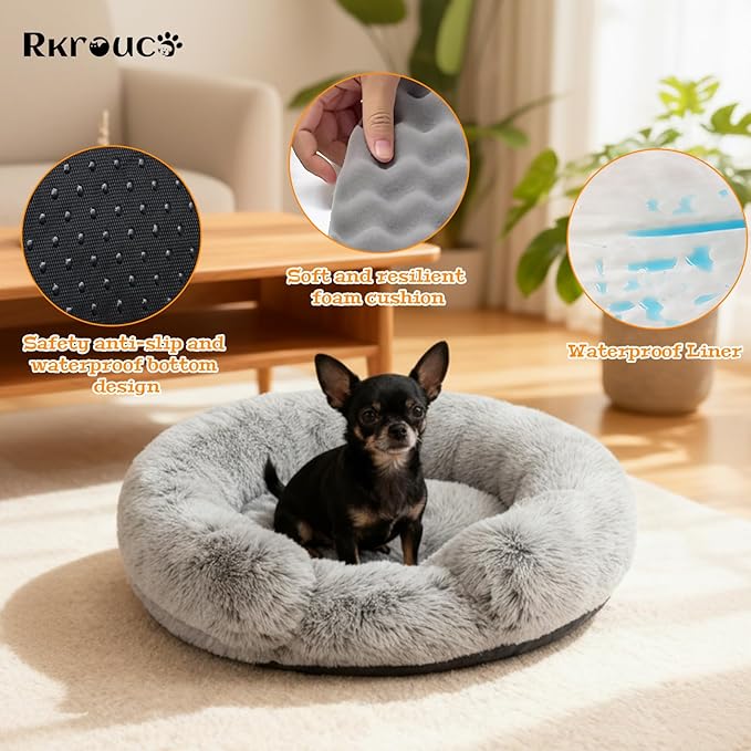 Fluffy Dog Bed Calming Donut Beds for Large Dogs Warming Round Small Medium Pet Nest Cozy Cat Mattress Indoor Washable Puppy Kennel Kittens Sleep Mat (L, 35.4×35.4 inch, Gradient Gray)