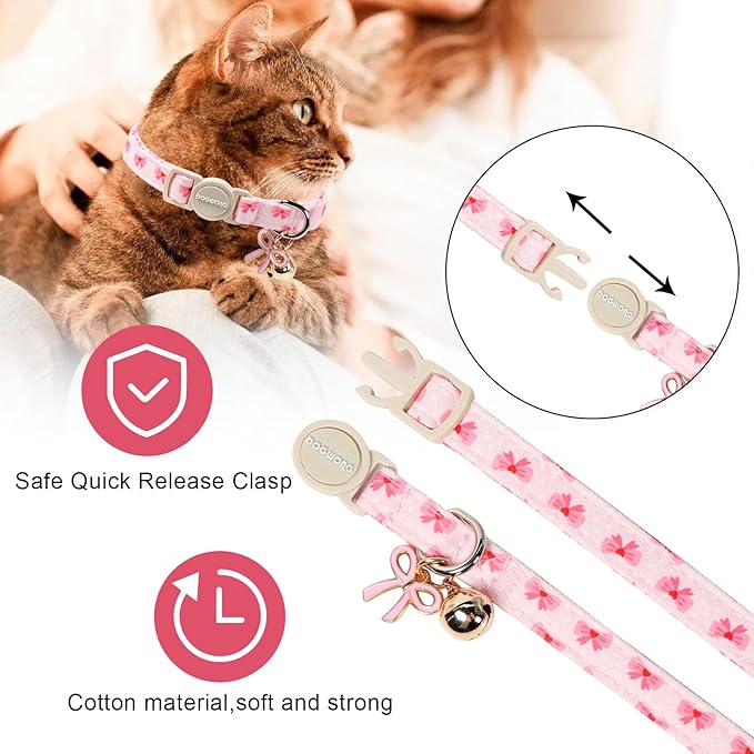2 Pack Cotton Breakaway Cat Collar Pink and Black Heart Shaped Pendant Cute Kitten Cat Collar with Bell,Adjustable 7-12 Inch,Pet Supplies Accessories