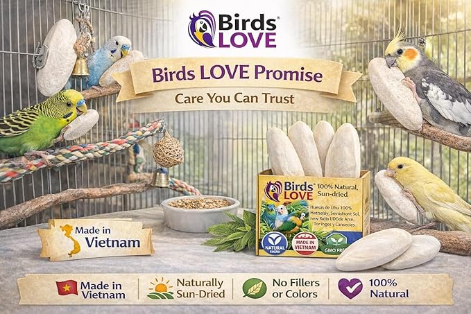 Birds LOVE 7.5-8" Cuttlebones for Birds – 100% Natural Sun-Dried Calcium Carbonate Mineral Supplement – for Parakeets, Budgies, Cockatiels, Finches & Canaries – 12 Pack with Holder – Made in Vietnam