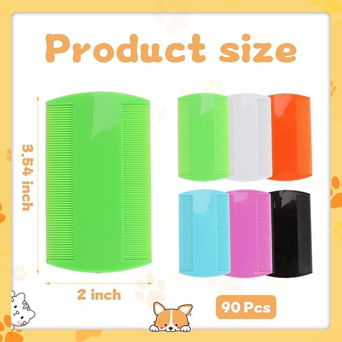 90 Pcs Double Side Tooth Pet Flea Comb Bulk for Cats Dogs Lice and Tick Comb for Small Cats Dogs Kitten Indoor(6 COLORS)