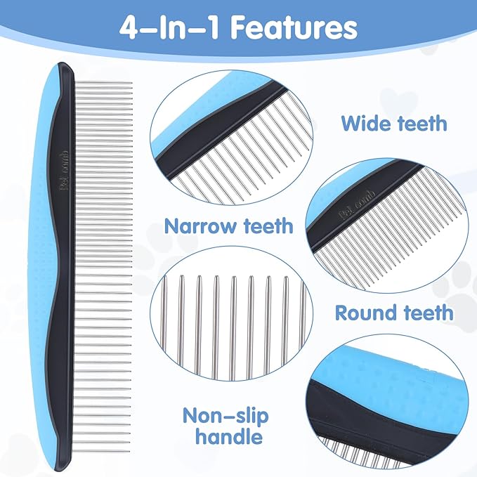 Metal Dog Comb, Stainless Steel Teeth Dematting Comb for Dogs Cats, Dog Grooming Combs, Pet Hair Combs for Removing Knots Mats Tangles Home Grooming Tool