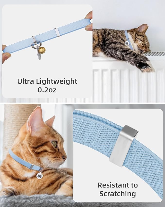 Cat Collar with QR Code Name Tag, Stretch Elastic Quick Release, Cat ID Tag Personalized, Ultra-Durable, Non Breakaway Lightweight Kitten Collar Fits Most Girl Boy Small Large Cats (Blue)
