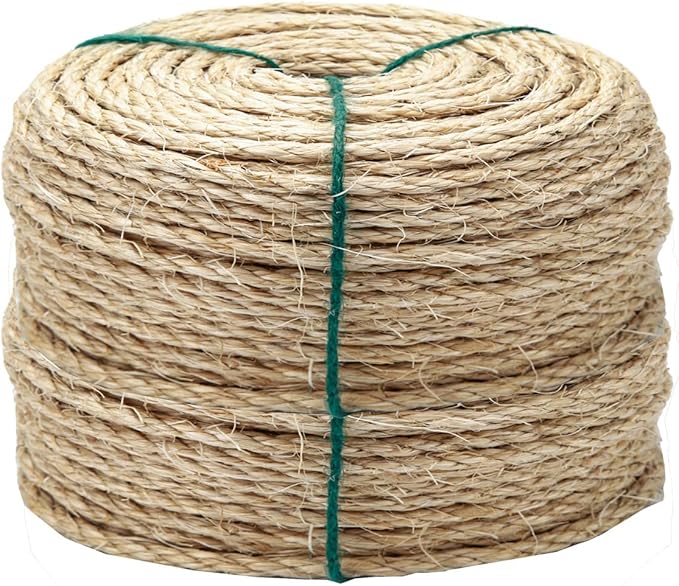 4mm Natural Sisal Rope - 164-Ft, Cat Scratcher Repair & DIY Cat Tree, Wide Application, Length Choices