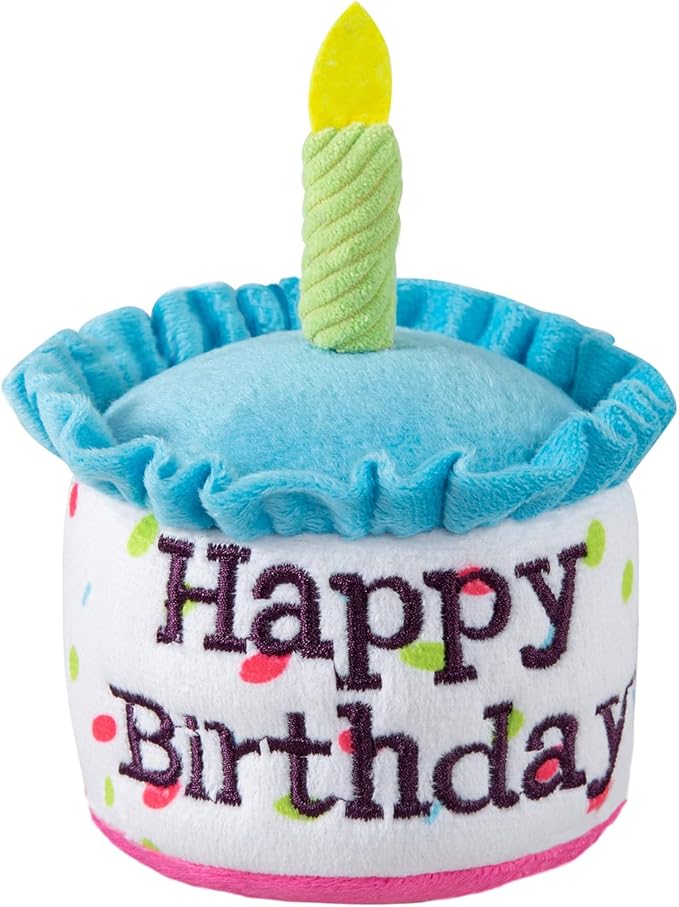 Happy Birthday Cake Catnip Toys, Birthday Cake Shaped Chew Toys for Kitten Funny Cats Gifts Plush Cat Birthday Party Toys, Blue