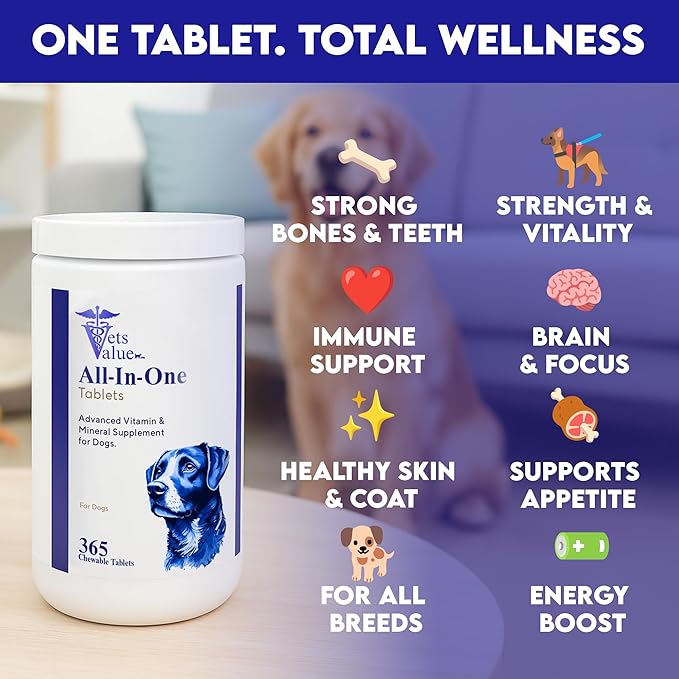 365-Day Multivitamin for Dogs, All-in-One Daily Supplement – Supports Joint Health, Immune Function, and Skin & Coat – Full Year Supply – Essential Vitamins & Minerals for Daily Wellness, All Breeds