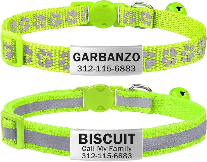 TagME 2 Pack Cat Collar with Name Tag, Personalized Reflective Cat Collar Breakaway with Bell for Boy & Girl Kitten, Green