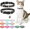 Leather Cat Collars for Boy Girl Cats with Bell and Safety Elastic Belt, Personalized Rivets Stud Adjustable Safe Buckle Collar with Moon Charm for Kitty Small Pets, Black 8"-12"