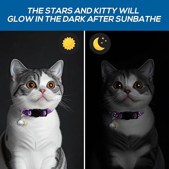 LAFAYI 4 PCS Breakaway Cat Collars with Bell Moons Stars,Kitten Collar and Adjustable with Pendant Glow,Cute Kitty Collar for Girl Boy Cats,Pet Gifts,Accessories(4 Colors)