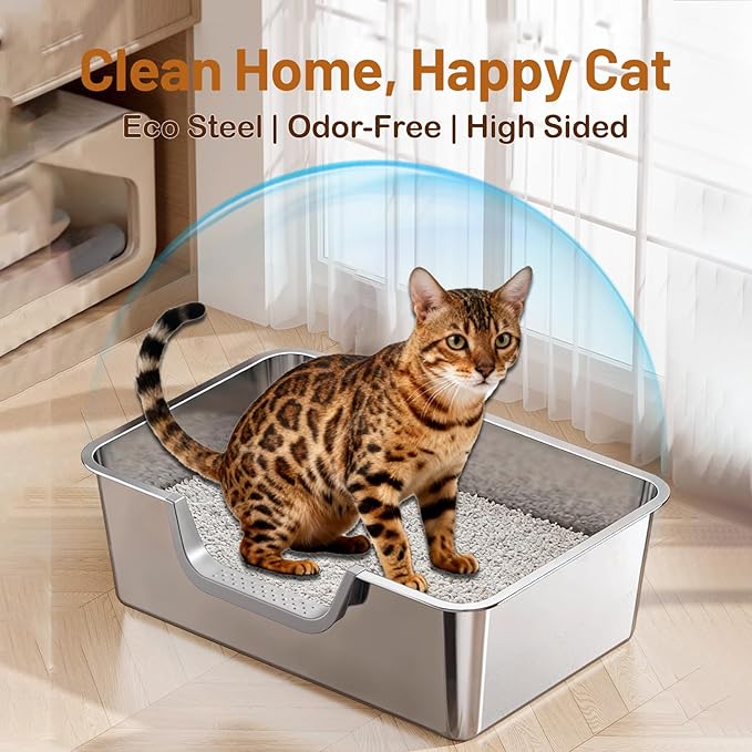 Stainless Steel Cat Litter Box, Steel Litter Pan with Curved Low Entry, Leak Proof 6 Inch High Side for Urine, Easy Entry for Kittens Older Cats, No Slip, 17.7" x 13.8" x 6", Silver