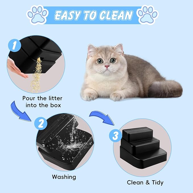 Adjustable 3 Steps Litter Box Ramp, Litter Box Step with Filter Function, Easy to Clean Cat Litter Stair Catcher for Older Cats and Small Cats (Black)