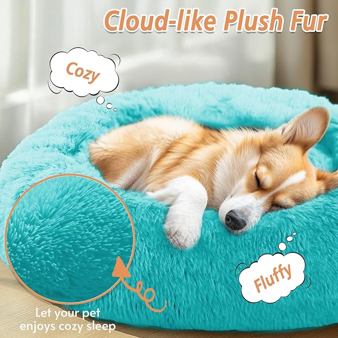 JOLLYVOGUE Calming Dog Bed Large Size Dog, Anti-Anxiety Donut Large Pet Bed, 36 inches Fluffy Faux Fur Round Cat Bed, Fits up to 75 lbs Pets (Aqua Blue)