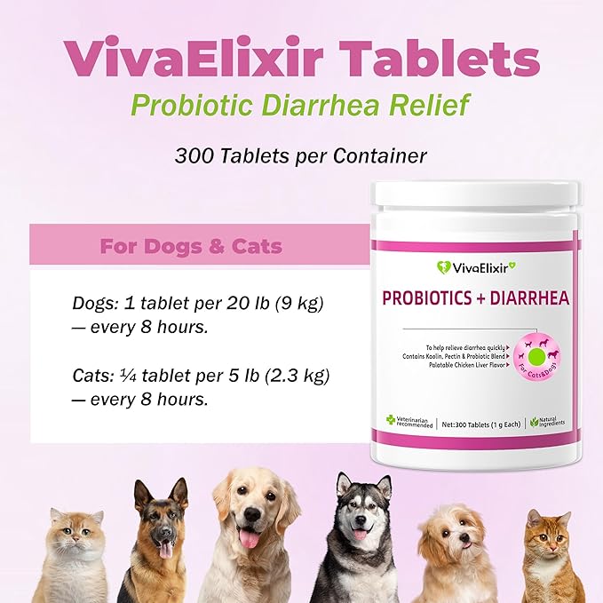 Probiotics for Dogs - Diarrhea Relief for Dogs and Cats - Supports Relief of Diarrhea and Loose Stools - Supports Digestive Balance and Gut Health - with Kaolin Clay and Probiotics - 300 Tablets