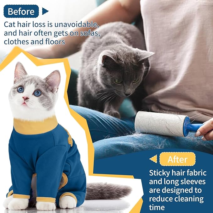 T'CHAQUE Sticky Hair Cat Onesie Pajamas, Soft Long Sleeve Cat Clothes, Anti-Shedding, Surgery Recovery Suit, Wound Protection & Preventing Licking, Kitten Sweaters for Male & Female-XS