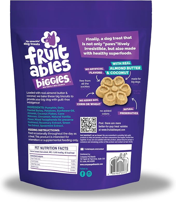 Fruitables Biggies Dog Biscuits, Pumpkin Treats for Dogs, Healthy Doggie Biscuits, Crunchy Treats, No Wheat, Corn or Soy, Made in The USA, Almond Butter and Coconut Flavor, 16oz