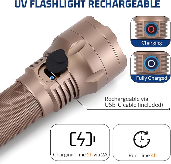 S3U UV Flashlight Blacklight, Rechargeable Powerful Handheld UV Light for Resin Curing, Pet Urine & Scorpion Detection, Rocks & Minerals Hunting (365NM)