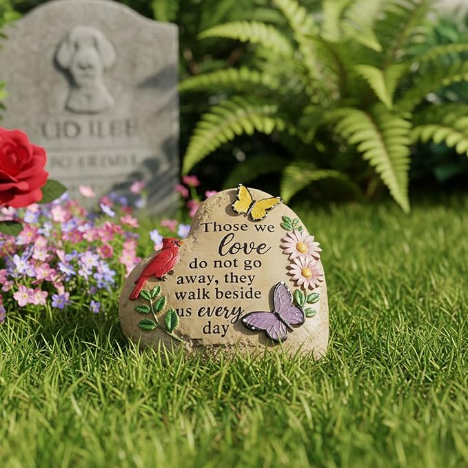 Memorial Garden Stone Cardinal Sympathy Gifts with Butterfly Flowers, in Memory of Loved One Gifts for Mother Father Cemetery Decorations for Grave Waterproof 6 inch