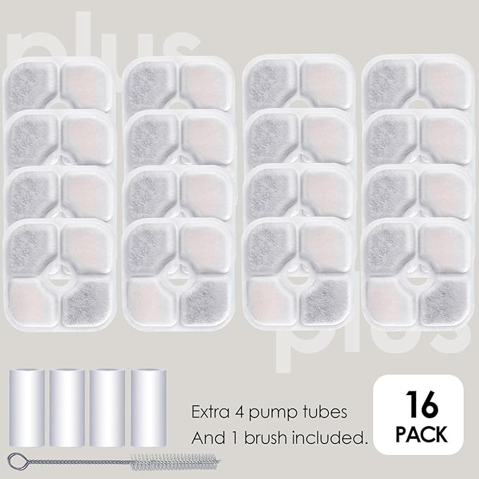 16-Pack Cat Water Fountain Filter Compatible With Catit Pixi Water Fountain Filter Replacement Triple Action Water Filter, 4 Pump Tubes 1 Hard Brush