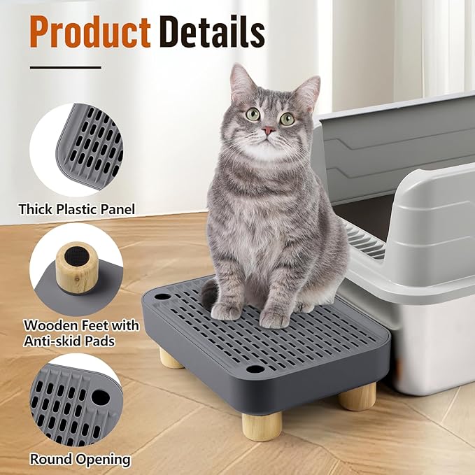 Cat Litter Box Step Ramp, Cat Litter Catcher Mat with Wooden Feet, Filter Function, Pedal Stool for Self-Cleaning Litter Box, Ideal for Kitten & Elderly Cats (Dark Grey)