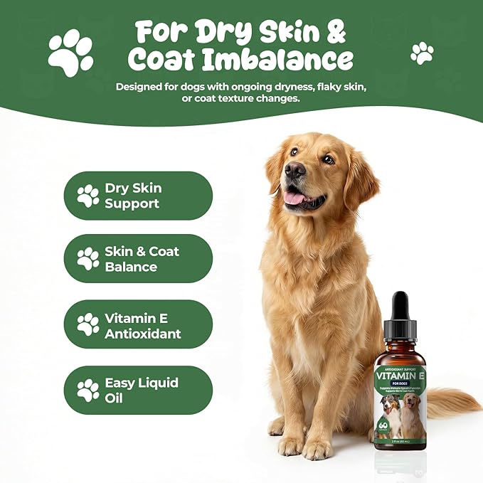 Vitamin E Supplement for Dogs Liquid, Daily Skin & Coat Nutrition Oil, Supports Moisture Balance, Cellular Protection & Overall Canine Wellness, 2 fl oz (60 mL)