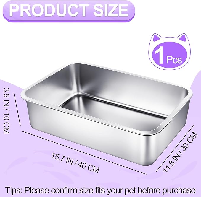 Stainless Steel Cat Litter Box Small 15.7" L x 11.8" W x 3.9" H Metal Litter Box Low Entry Kitty Cat Litter Pan Rustproof, No Smell for Rabbits, Newborn Cats, Ferrets, Guinea Pigs and Hamsters (S,1P)