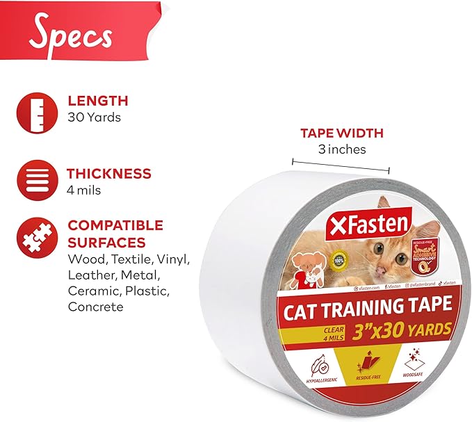 XFasten Anti-Scratch Cat Training Tape, 3-Inches x 30-Yards - Door, Couch, Furniture and Leather Scratch Guard Protector Tape for Cats and Pets