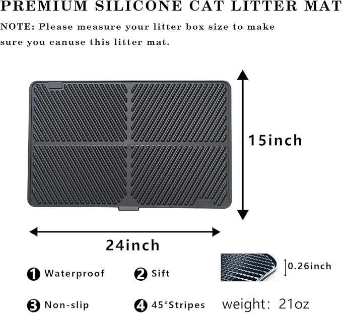 Silicone Cat Litter Mat, Scratch-Resistant Litter Trapping Mat, Waterproof & Non-Slip Litter Box Mat, Highly Effective for Collecting Litter (Black, 24x15x0.26 in)