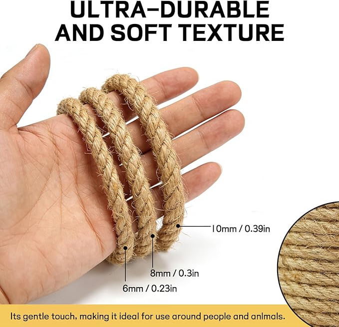 Natural Sisal Rope for Cat Scratcher,Cat Tree Rope Twine for Cat Scratching Post Replacement, Cat Tower with Scratch Post Repairing, Replace, Recovering and DIY（1/4 Inch by 33 Feet）