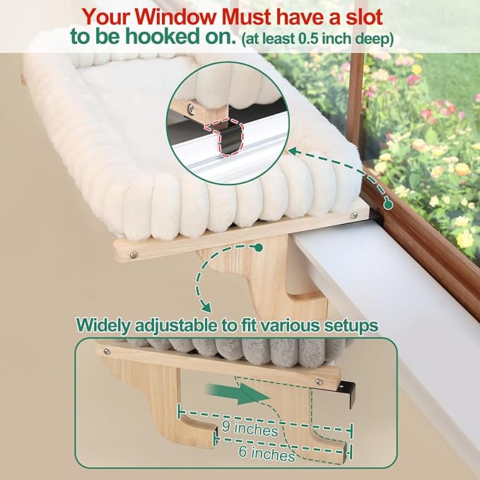 Zakkart SnugCloud Cat Window Perch with 4-Sided Bolster - Large Cat Hammock for Window Sill - Solid Hardwood & Metal Frame - Window Seat for Pets (Natural Color Wood w/White Bed, Large)