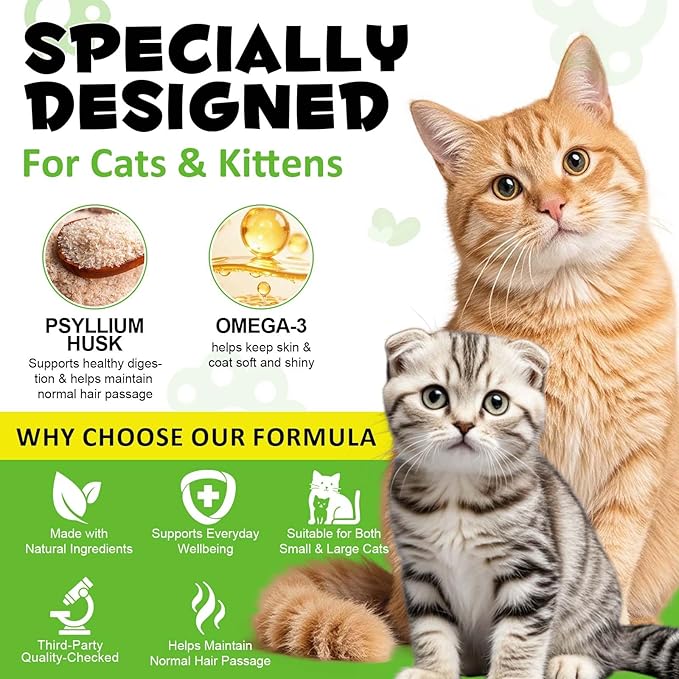 Hairball Treatment for Cats & Kittens, Cat Hairball Support Crunchy & Creamy Chews for Cats,Hairball Control & Relief Treats with Cat Grass,Apple Pomace & Omega-3 Fish Oil,Supports Healthy Skin Coat