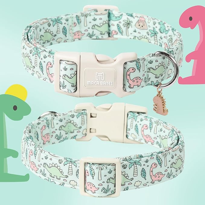 Maca Bates Spring Green Cute Dinosaur Basic Dog Collar for Small Boy Girl Dogs,Durable Soft Adjustable Collars Gift for Male Female Puppy Pet with Safety White Buckle