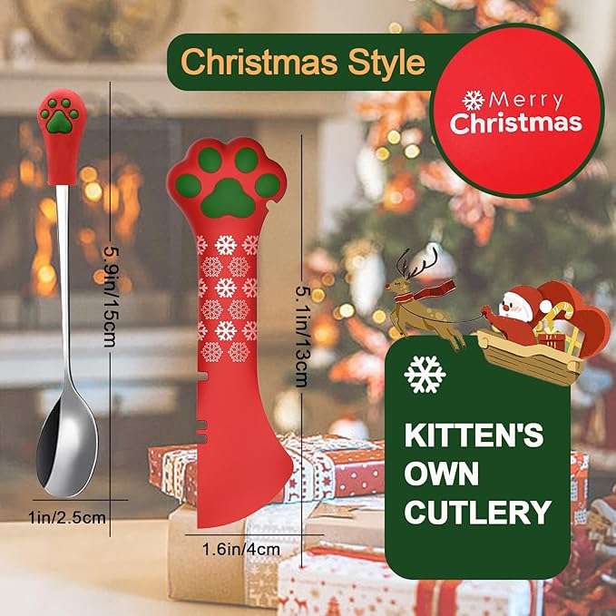 SJANE Cat Food Can Spoons & Lids | 4 Pcs Christmas Style Gifts | Multi-Function Tin Opener | Silicone Pet Food Can Covers | Stainless Steel Wet Foodstuff Spoon for Cats and Dogs(Christmas Red)