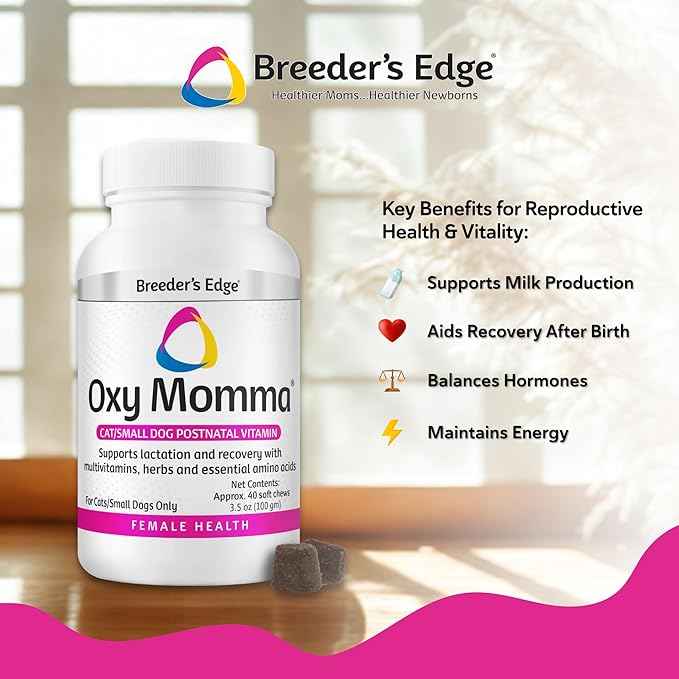 Breeder's Edge Oxy Momma Soft Chews, Postnatal Vitamin Supplement for Lactating Dogs and Cats, Supports Recovery, Hormones, and Next Pregnancy - for Small Dogs & Cats, 40ct Soft Chews