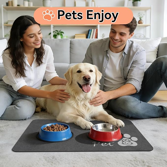Dog Cat Feeding Mat-Absorbent Pet Bowl Mat for Food and Water, Quick Dry Water Dispenser Mat for Floors with Waterproof Rubber Backing, Puppy Cat Placemat Mats for Messy Drinkers,12"x20",Dark Grey
