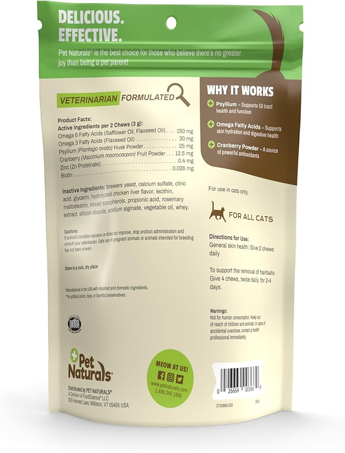 Pet Naturals Hairball Relief for Cats, 30 Chicken Liver Flavored Soft Chews, Hairball Treatment with Psyllium, Omega 3 & 6, Zinc and Biotin, Supports Digestion & Skin Coat, No Corn or Wheat
